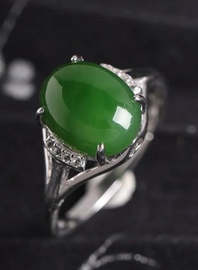 925银镶嵌蛋面和田碧玉戒指 带证书新中式古风纯银活口可调节女戒