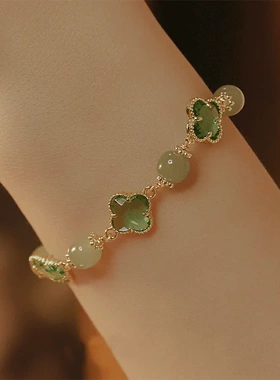 绿野仙踪*天然和田玉手链ins小众设计四叶草幸运手链送礼闺蜜