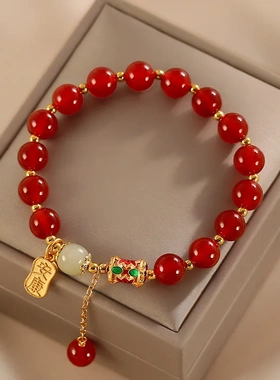 红玛瑙和田玉转运珠喜乐纳福相思红豆手链ins小众设计弹力绳手串