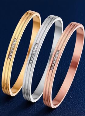手镯小众高级感不掉色轻奢不锈钢钛钢夏季镶钻双线百搭饰品潮流款