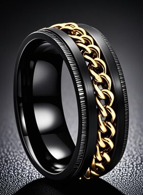 不锈钢戒指不掉色ins风男士旋转减压钛钢指环潮男嘻哈素圈设计