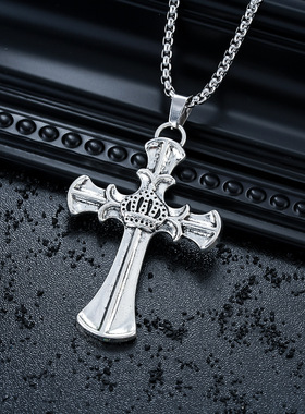 复古做旧皇冠十字架项链男潮流个性嘻哈风锁骨链男士吊坠颈链饰品
