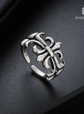 欧美做旧复古十字架戒指男开口可调节百搭指环女嘻哈设计感饰品