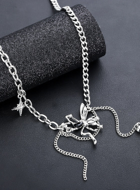 蝴蝶结吊坠项链男钛钢不掉色时尚潮流设计毛衣链高级百搭饰品潮款