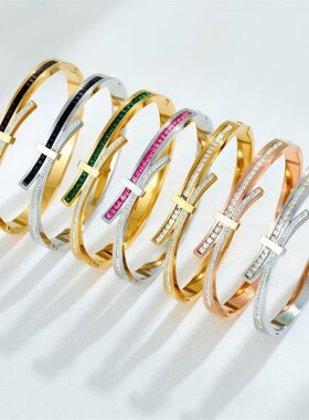 欧美流行仿蝴蝶结设计排砖不锈钢手镯 个性潮流方砖钛钢手环女批