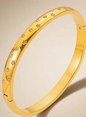 不锈钢新款气质小众手镯星星镶钻钛钢镀18K金星月白钻高级感手镯