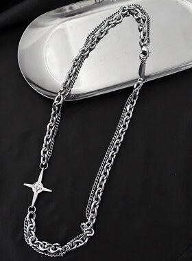 男士嘻哈小众十字架双层链条拼接项链个性百搭配饰冷淡风复古饰品