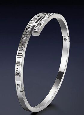 不锈钢欧美热卖锆石罗马数字手镯女钛钢不掉色时尚高级感饰品