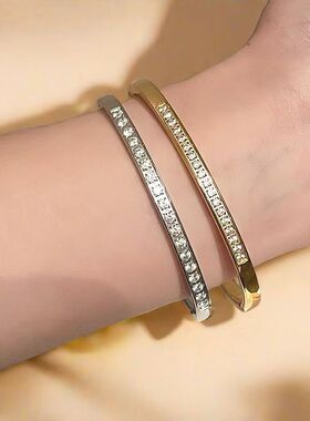 欧美镶钻弧面手环女 不锈钢玫瑰金卡扣手镯 钛钢方钻女士手镯