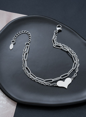 爱心手链男女小众设计冷淡风潮男钛钢不掉色首饰双链条手饰品