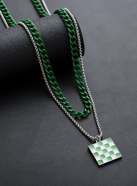 项链男方块格子拼接双层高级感百搭小众配饰女潮新款个性简约饰品