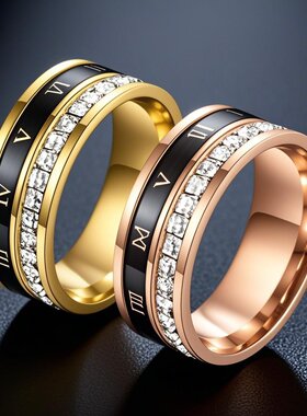 高级感不锈钢罗马数字满天星转动指环钛钢戒指手饰新品