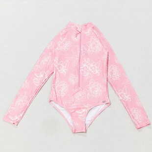 666外单 女童连体三角粉荷雅韵防晒冲浪服海边度假温泉游泳中大童