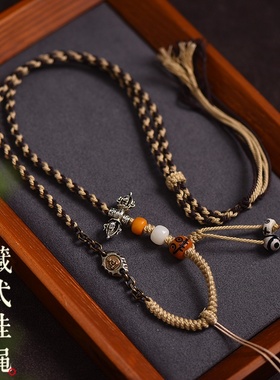 藏式唐卡吊坠绳手工编织手搓棉线项链绳佛牌链蜜蜡文玩挂脖挂绳子