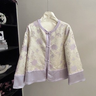 国风圆领盘扣防宋锦闪金感拼接刺绣外套 新中式 小雪家 紫苑花影