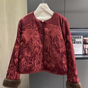 小雪家 凤尾牡丹 新中式醋酸圆领暗扣重工刺绣短款白鸭绒羽绒服女