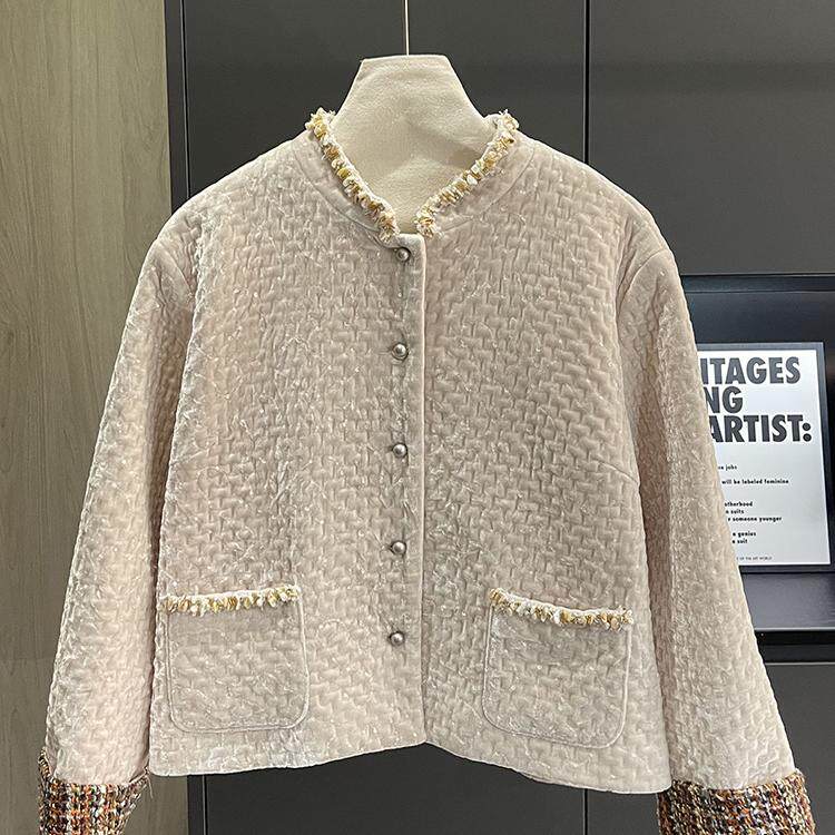 小雪家24秋冬新品重磅名媛小香风立领袖口设计感卷边气质时尚外套