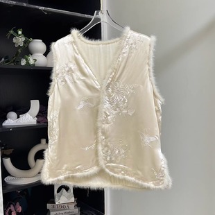 V领醋酸丝绒两面穿珍珠刺绣新中式 新中式 马甲 香槟月光 小雪家