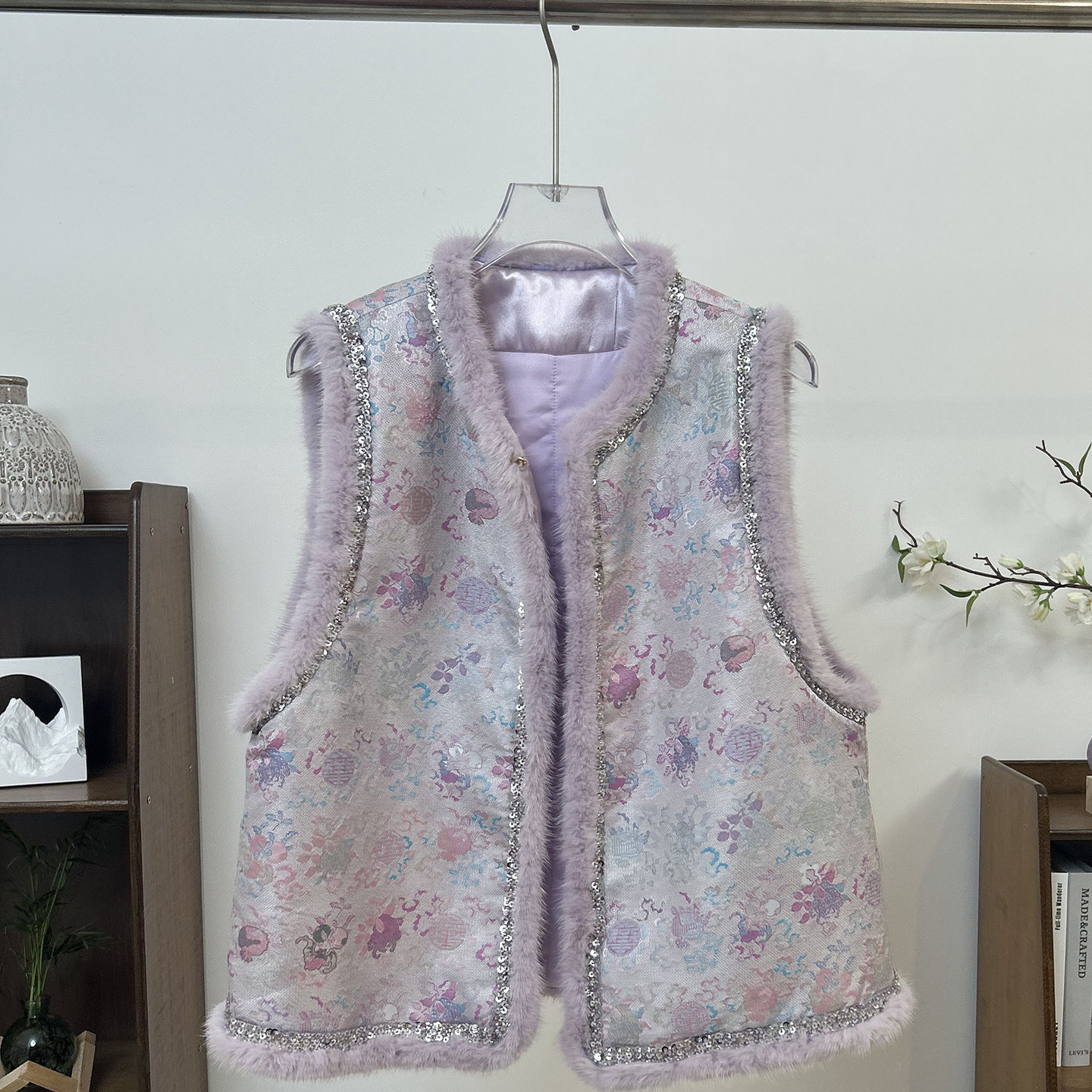 小雪家【芋泥啵啵】新中式圆领提花亮片水貂毛包边夹棉上衣马甲,女装/女士精品,马夹,淘宝优惠券,粉丝福利购,淘宝优惠卷