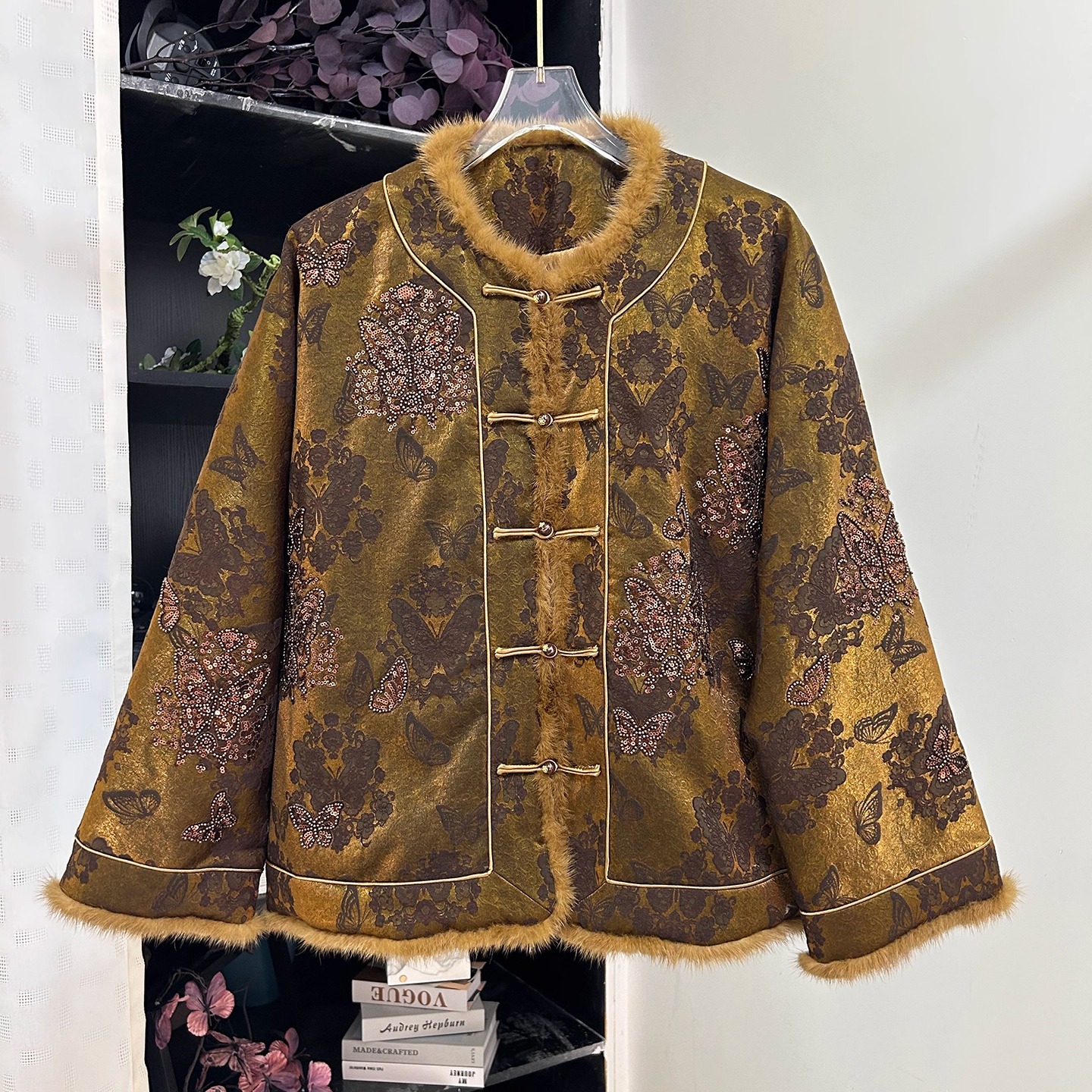 小雪家【暖玉松风】新中式圆领拼接水貂毛夹棉冬款显贵气上衣外套