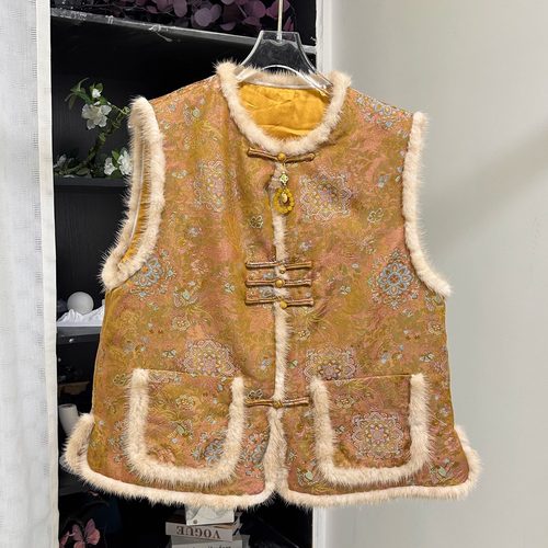 小雪家【黄金宝相花】新中式人丝宋锦羊驼绒夹棉水貂毛上衣马甲