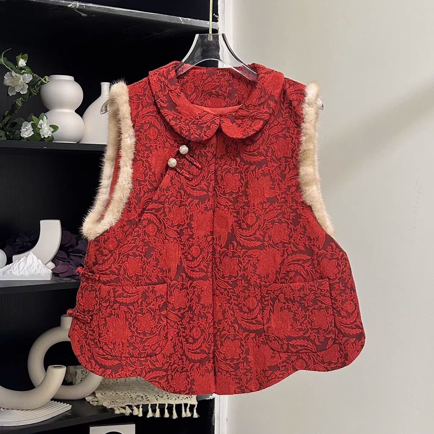 小雪姐【万事胜意】新中式娃娃领重工水貂毛夹棉拜年服上衣马甲