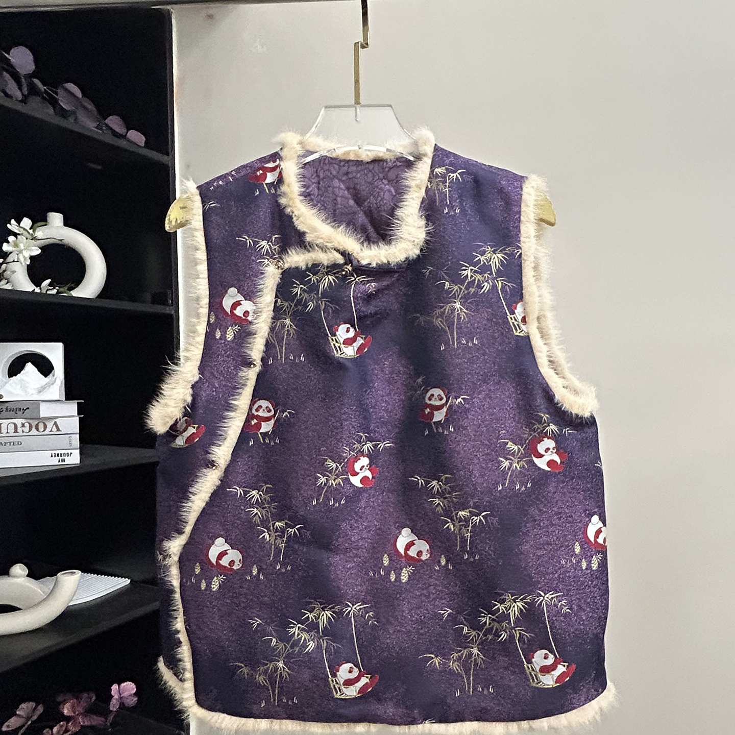 小雪家【熊猫嬉竹】新中式小立领琵琶襟100桑蚕丝水貂毛夹棉马甲