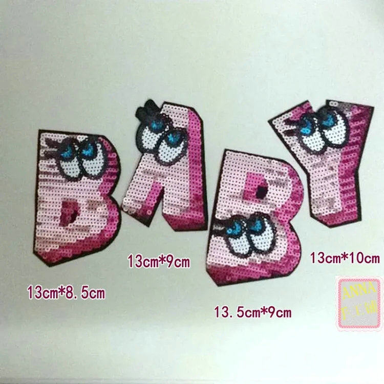 韩版新款英文字母BABY眼睛亮片珠片绣花布贴补丁衣服裤子服装辅料