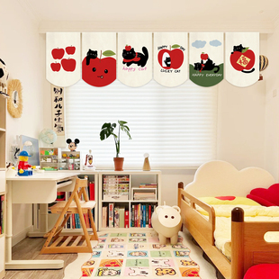 北欧卡通可爱猫咪旗帘布帘厨房装饰挂帘日式防尘隔断半帘遮挡短帘