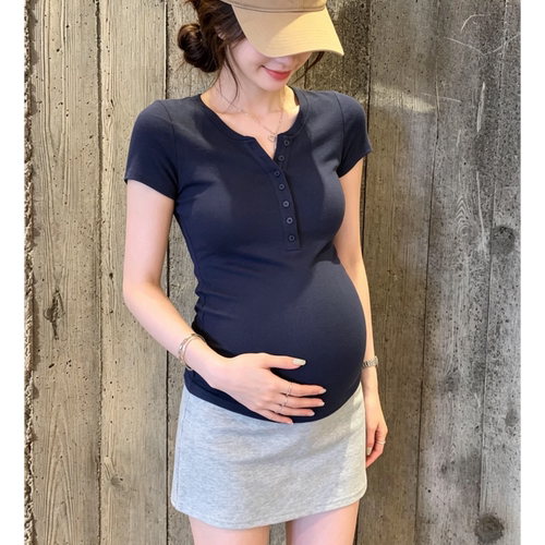 孕妇装2026夏季新款时尚圆领排扣哺乳短袖T恤衫简约百搭上衣宽松