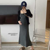 显瘦连衣裙套装 夏季 春秋吊带背心裙子气质纽扣吊带长裙修身 孕妇装