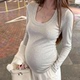 U领长袖 时尚 打底衫 修身 上衣 纯棉孕妇装 显瘦T恤辣妹短款 秋冬新款