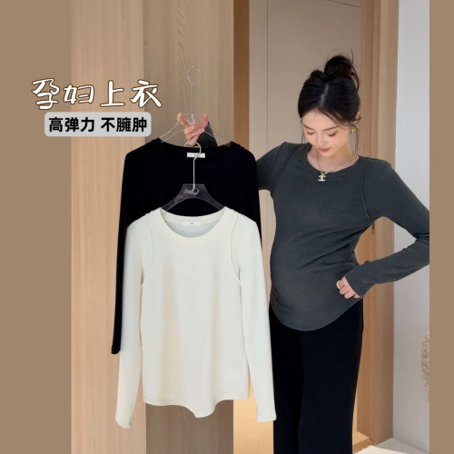 孕妇装春秋冬弹力保暖内搭打底衫女辣妹修身正肩长袖t恤加绒上衣