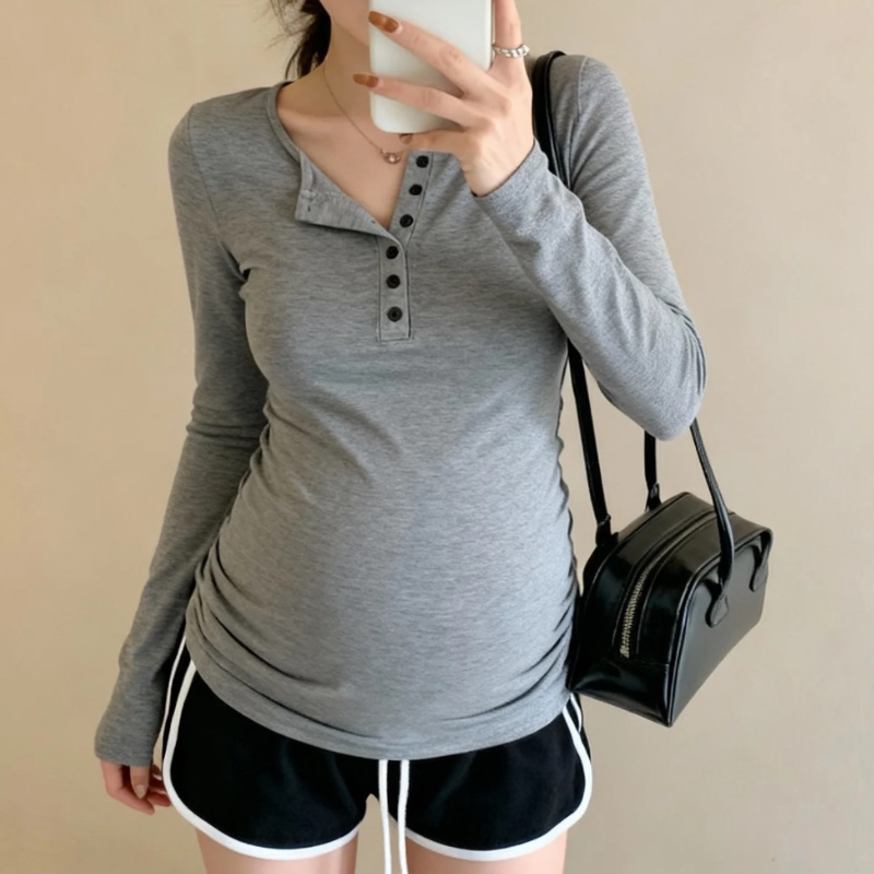 美式辣妈正肩排扣打底衫春秋新款孕妇怀孕修身内搭上衣长袖T恤衫