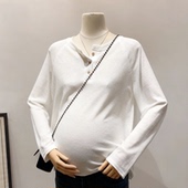长袖 孕妇装 白色扣子t恤衫 时尚 百搭ins风小个子怀孕上衣潮 春秋新款