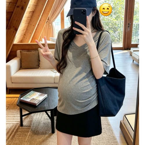 孕妇短袖上衣夏季新款V领宽松大版显瘦百搭t恤衫外穿打底衫