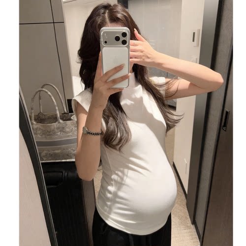 竹节棉孕妇装2026春秋新款时尚半高领短袖t恤衫修身显瘦上衣外穿