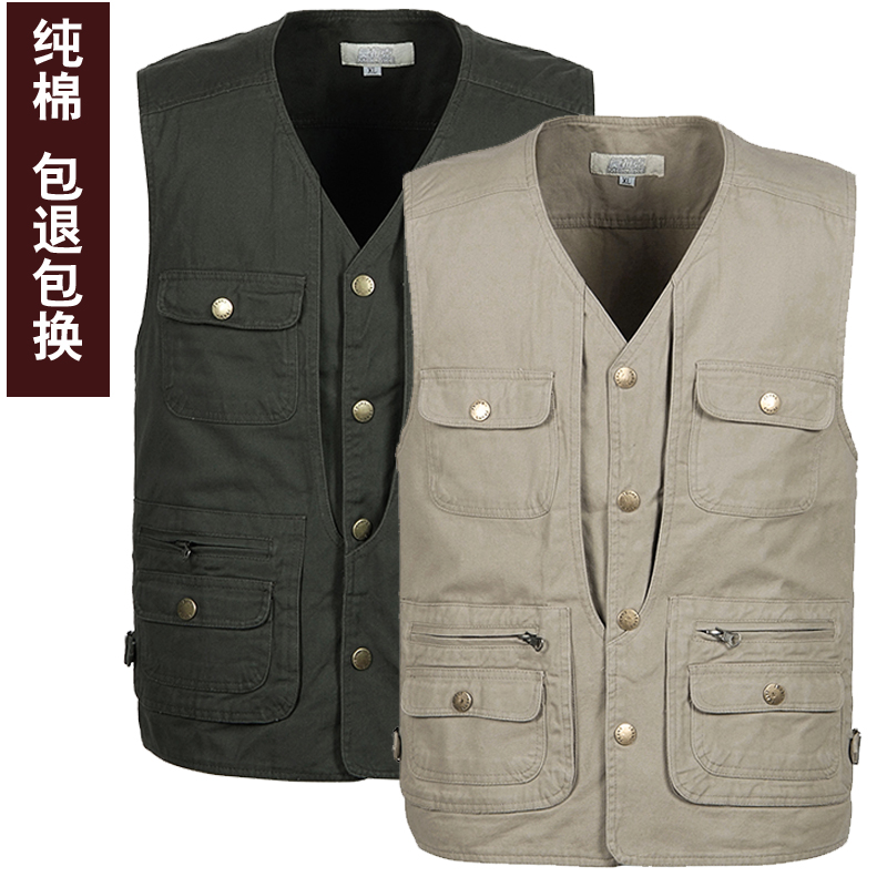 春秋装摄影钓鱼马甲男中老年爸爸装纯棉多口袋马夹背心中年男坎肩