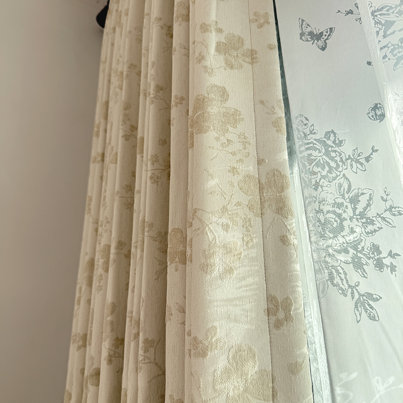 山茶花 新款法式中古奶油美式轻奢卧室遮光雪尼尔提花浮雕窗帘纱