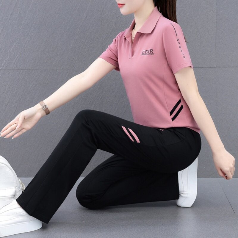 休闲运动套装女夏季2026新款洋气翻领短袖长裤两件套中年妈妈夏装