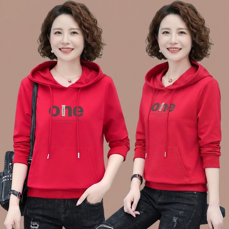 女款中年妈妈春款卫衣连帽时尚洋气50多岁春装上衣打底衫2026新款