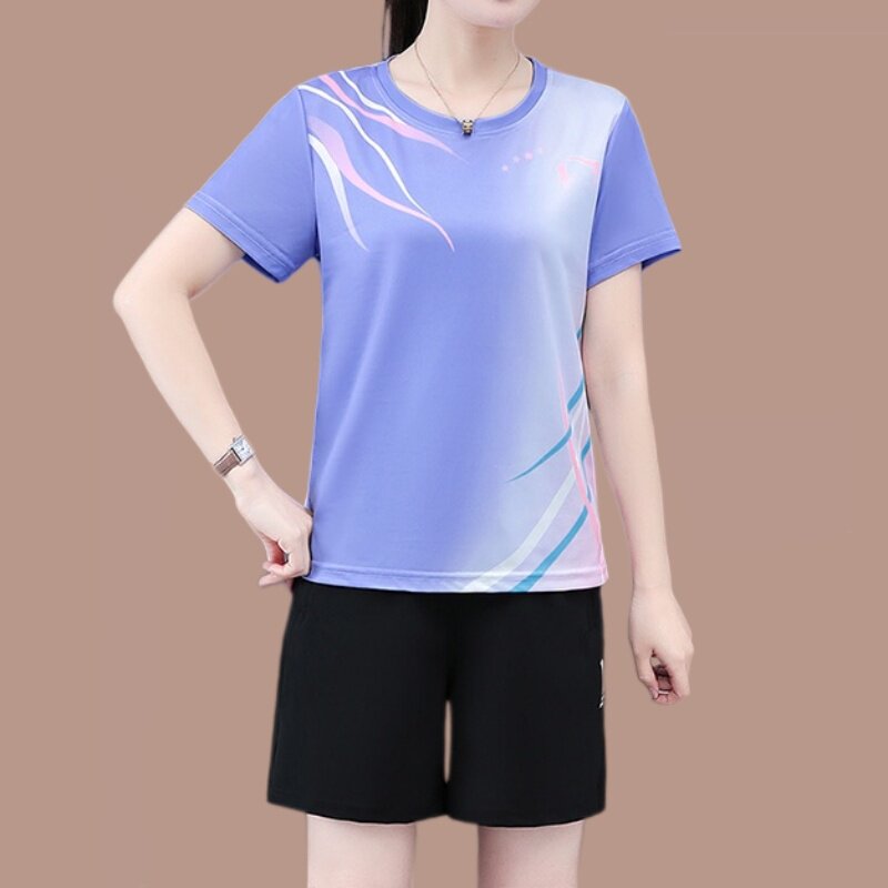 冰丝速干短袖套装女运动广场舞夏季透气运动休闲中年妈妈两件套女