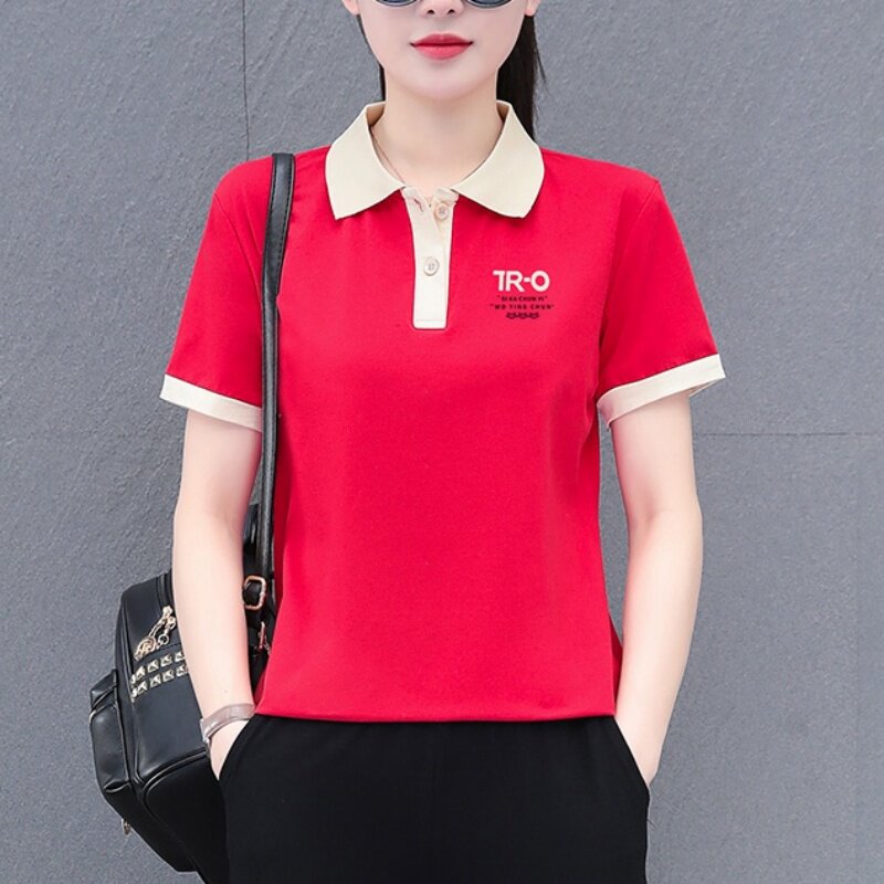 POLO领短袖T恤女红色宽松休闲百搭时尚气质上衣小个子显瘦夏装女
