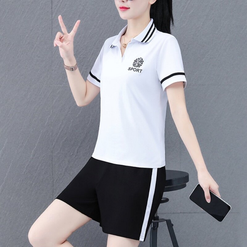 运动套装女夏季2026新款翻领短袖短裤两件套妈妈装洋气减龄夏装女