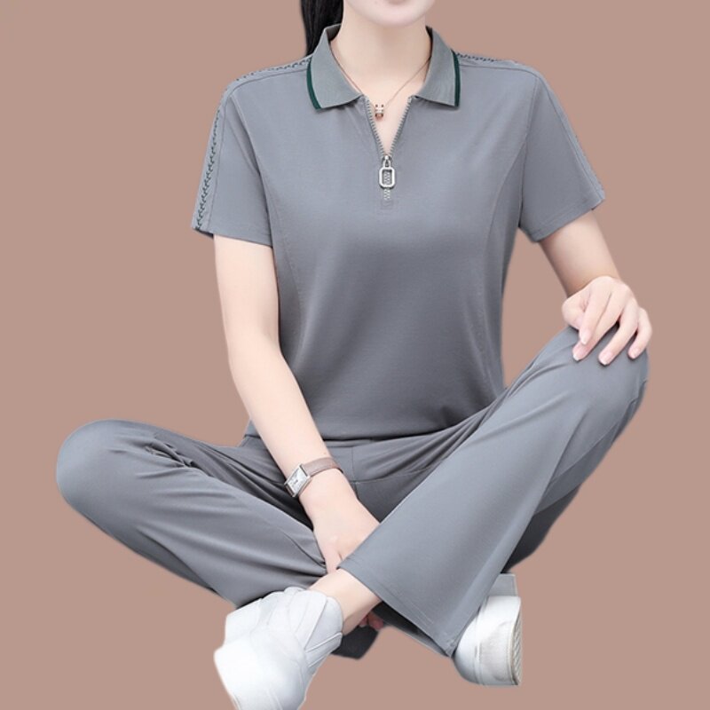 冰丝休闲运动套装女夏季2026新款宽松时尚圆领短袖长裤两件套