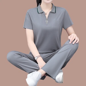 冰丝休闲运动套装女夏季2026新款宽松时尚圆领短袖长裤两件套
