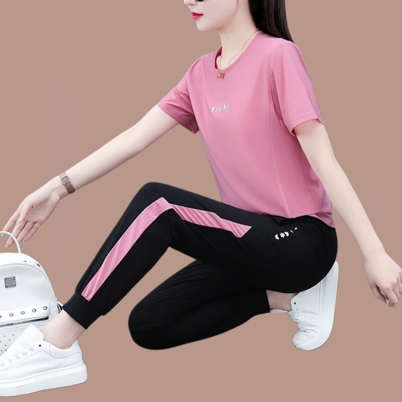 中年妈妈冰丝运动套装女夏季速干短袖休闲两件套时尚减龄运动穿搭