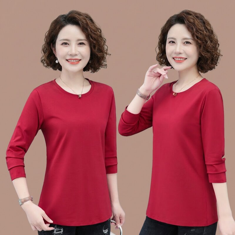 春装中年女士妈妈长袖T恤圆领套头宽松纯色上衣打底衫春季衣服女