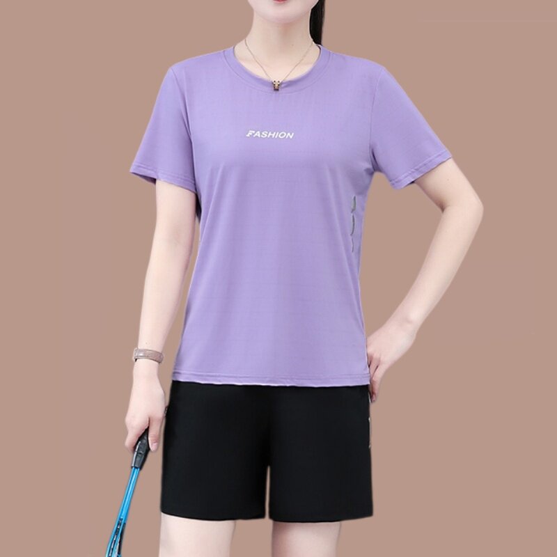 速干短袖短裤套装女2026新款夏季中年妈妈宽松休闲运动夏装两件套