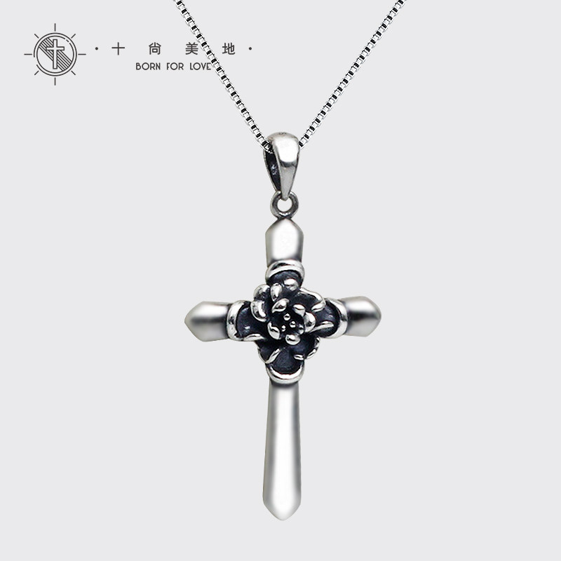 沙仑玫瑰 925银项链十字架吊坠复古宫廷女首饰古风七夕情人节礼物